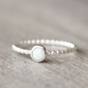 Sterling Silver Lab Created Opal Ring // Silver Opal Stacking Ring // October Birthstone Ring // Bezel Set Gemstone Ring // White Opal Ring