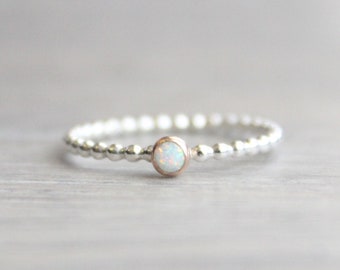 Opal Ring // Sterling Silver Lab Created Opal Ring // White Opal Stacking Ring // Mixed Metals // Gemstone Ring Rose Gold Setting