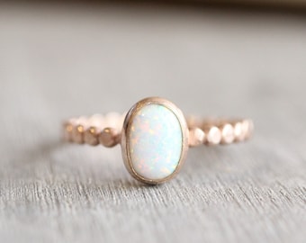 Rose Gold Opal Ring // Simulated Opal Ring // Oval Opal Ring on Bead Band // October Birthstone Stacking Ring // Rose Gold Gemstone Ring