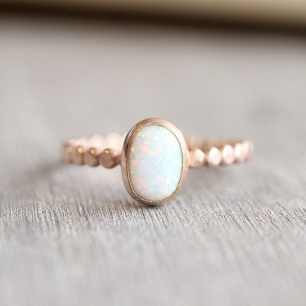 Rose Gold Opal Ring // Simulated Opal Ring // Oval Opal Ring on Bead Band // October Birthstone Stacking Ring // Rose Gold Gemstone Ring