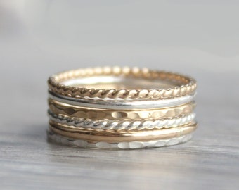 Stacking Ring Set // Set of 6 Gold and Silver Stackable Rings // Sterling Silver and 14K Gold Filled Stackable Rings // Mixed Metals