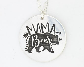 Sterling Silver Mama Bear Necklace, Engraved Mother's Pendant