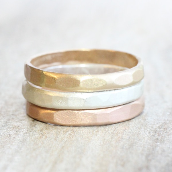 Silver Gold or Rose Gold Stacking Rings // Wide Hammered Sterling Silver Gold and Rose Gold Rings with Satin Finish // Mixed Metals