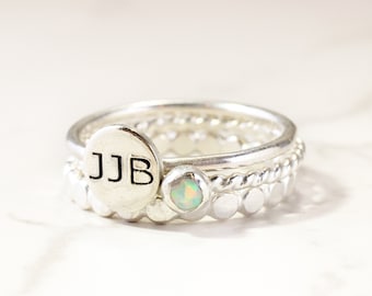 Sterling Silver Engraved Ring with Birthstone - Sterling Silver Custom Initial Stacking Rings- Mother's Rings - Personalized Set of 3 Rings