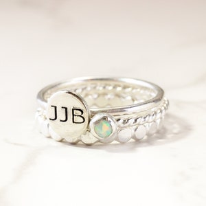 Sterling Silver Initial Ring with Aquamarine SCustom Initial Stacking Rings with March Birthstone Gemstone Personalized Ring Set zdjęcie 6