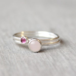 Pink Tourmaline and Rose Quartz Ring // Sterling Silver Stacking Rings // Sterling Silver Ring // Pink Stone Ring Gift for Her Gemstone Ring