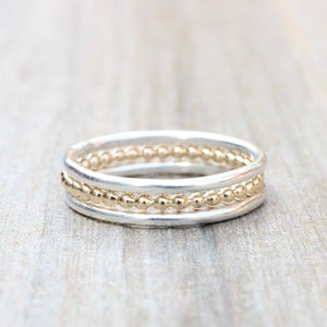 Stacking Rings // Set of 3 Simple Sterling Silver and Gold Filled Stacking Rings // Bead and Smooth Bands // Mixed Metals Stackable Rings