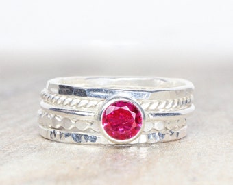 Lab Ruby Stacking Ring Set in Sterling Silver // 5mm Faceted Gemstone July Birthstone Stackable Ring Set of 5