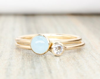 Aquamarine and White Topaz Ring Set // 14k Gold Filled Two Birthstone Stacking Rings // Gift for Her Gemstone Ring // Dual Birthstone Rings