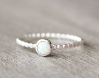 Sterling Silver Lab Created Opal Ring // Silver Opal Stacking Ring // October Birthstone Ring // Bezel Set Gemstone Ring // White Opal Ring