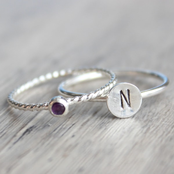 Sterling Silver Initial Ring Set: Amethyst Birthstone Stacking Rings