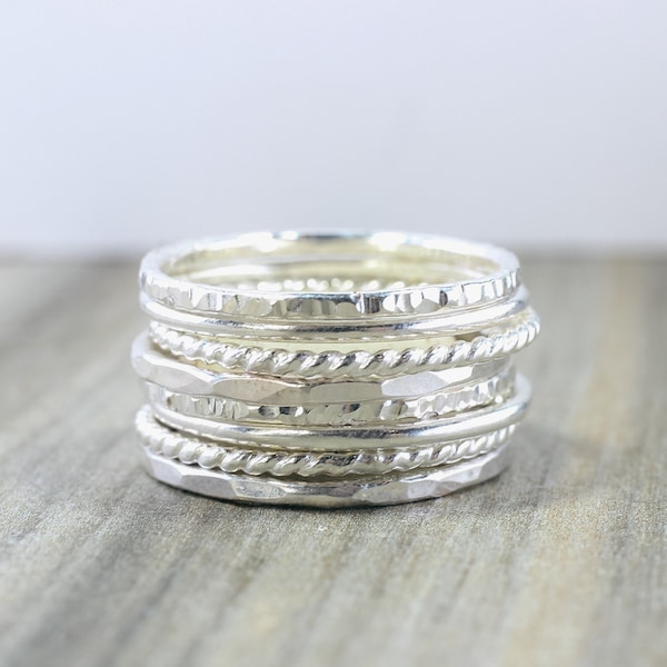 Sterling Silver Stacking Ring Set // Set of 8 Sterling Silver Stacking Rings // Simple Silver Hammered and Twist Bands