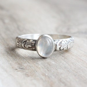 Sterling Silver Moonstone Ring // Rainbow Moonstone Stacking Ring // June Birthstone // Bezel Set Gemstone Ring // Antiqued Moonstone Ring