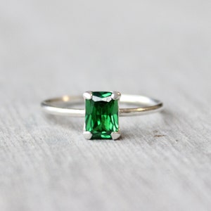 Sterling Silver Emerald Cut Emerald Ring // 7x5mm Emerald Cut Birthstone Stacking Ring // May Birthstone Ring // Simple Silver Ring image 1