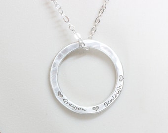 Sterling Silver Hammered Circle Name Necklace | Custom Engraved Mom Necklace Pendant | Handmade Personalized Jewelry