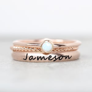 Rose Gold Name Ring Set: Personalized Opal Stacking Rings