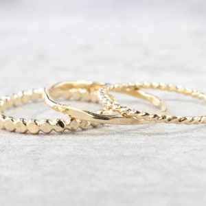 14K Gold Filled Stacking Rings // Set of 3 Simple Stacking Rings // Gold Rope Twist Bead Dot Hammered Ring // Spacer Rings image 1