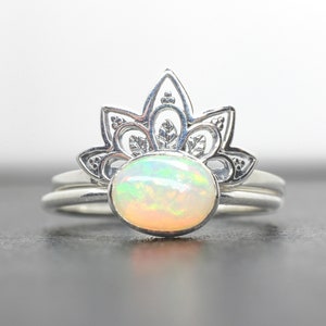 Ethiopian Opal Ring Set: Sterling Silver Lotus Stacking Rings