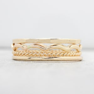 Gold Stacking Ring Set // Set of 4 - 14K Gold Filled Stackable Rings // Stackable Rings // Smooth, Twist, Wave and Hammered Bands