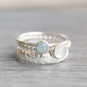 Aquamarine Moonstone Ring Set: Sterling Silver Stacking Rings