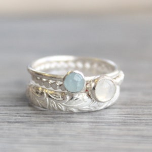 Aquamarine and Moonstone Ring Set // Set of 3 Sterling Silver Gemstones Rings //Birthstone Stacking Rings // Gemstone Ring Set