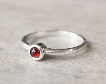 Sterling Silver Garnet Ring // Silver Genuine Garnet Cabochon Ring // January Birthstone Ring // Tiny Gemstone Ring // Red Stone Ring