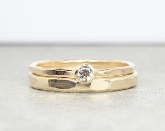 Gold Stackable Rings with White Topaz Gemstone // Wedding Ring Set // Engagement Ring Set