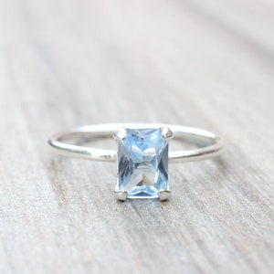 Aquamarine Ring // Aquamarine Cubic Zirconia Sterling Silver Emerald Cut Ring // 7x5mm Birthstone Stacking Ring // March Birthstone Ring image 1