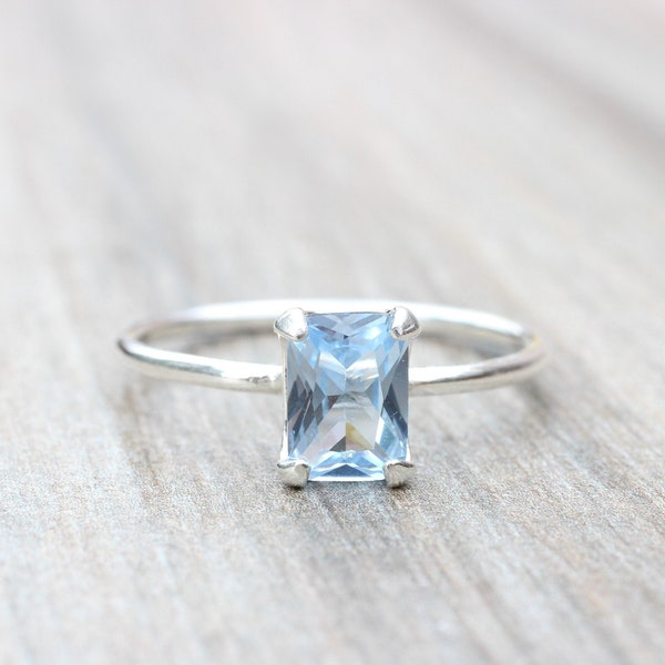 Aquamarine Ring // Aquamarine Cubic Zirconia Sterling Silver Emerald Cut Ring // 7x5mm Birthstone Stacking Ring // March Birthstone Ring