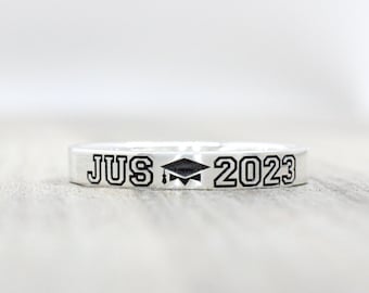 Sterling Silver Class Ring: Engraved Graduation Stacking Ring