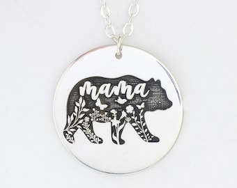 Sterling Silver Mama Bear Necklace: Engraved Floral Pendant