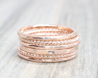 Rose Gold Stacking Ring Set // Set of 6 Rose Gold Rings // 14K Rose Gold Filled Stackable Rings // Smooth, Twist, and Hammered Bands