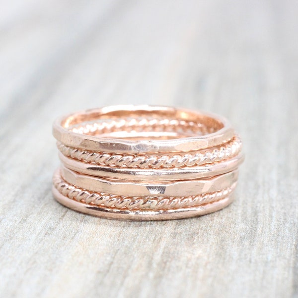 Rose Gold Stacking Ring Set // Set of 6 Rose Gold Rings // 14K Rose Gold Filled Stackable Rings // Smooth, Twist, and Hammered Bands