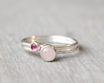 Pink Tourmaline and Rose Quartz Ring // Sterling Silver Stacking Rings // Sterling Silver Ring // Pink Stone Ring Gift for Her Gemstone Ring