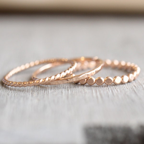 Rose Gold Stacking Rings // Set of 3 Simple 14K Rose Gold Filled Stacking Rings // Rose Gold Rope Twist Bead Hammered Ring // Spacer Rings