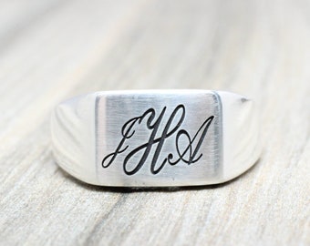 Sterling Silver Initial Ring // Monogram and Inside Engraved Ring // Large Custom Ring // Men's Ring