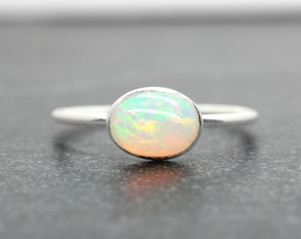 Horizontal Ethiopian Opal Ring // Sterling Silver Opal Ring // October Birthstone Stacking Ring