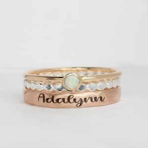 Engraved Rose Gold Stacking Ring Set of 3: Opal Birthstone, Personalized Name Rings