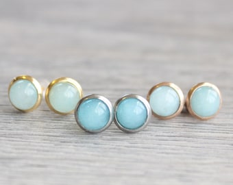 Silver Jade Studs // Stainless Steel Blue Jade Earrings // Aquamarine Jade Studs // 6mm Gemstone Earrings // Gold Plated Gemstone Studs