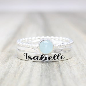 Sterling Silver Birthstone Ring Set: Engraved Name, Stacking Gemstone Rings