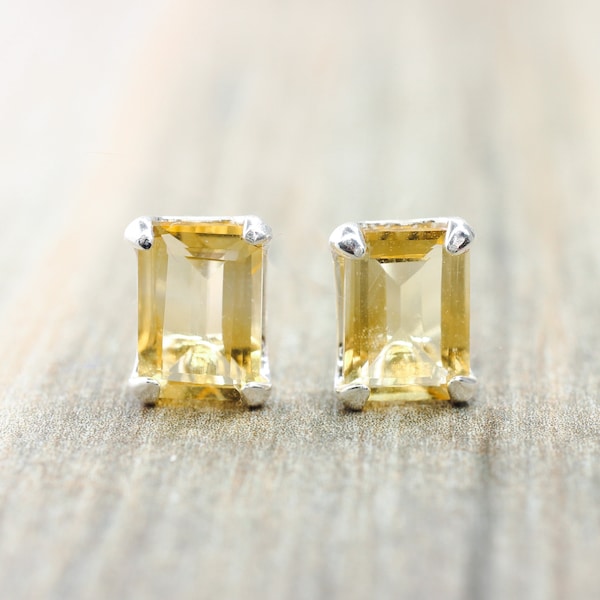 Emerald Cut Citrine Stud Earrings: Sterling Silver, November Birthstone