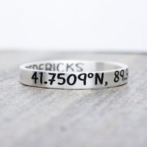 Sterling Silver Coordinates Ring - Personalized Engraved Stacking Ring