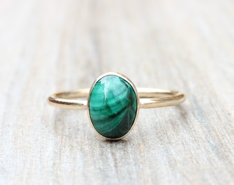 Gold Malachite Ring // Oval Genuine Malachite Ring // Malachite Stacking Ring // 14K Gold Filled Malachite Ring