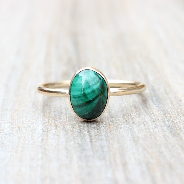 Gold Malachite Ring // Oval Genuine Malachite Ring // Malachite Stacking Ring // 14K Gold Filled Malachite Ring