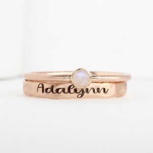 Rose Gold Name Ring: Engraved Sterling Silver Stacking Ring with Moonstone