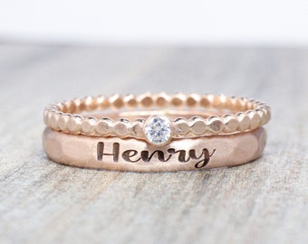 Rose Gold Name Ring Set // Personalized Stacking Name Rings // Custom Engraved Ring Set // 2mm Gemstone Ring // April Birthstone Mom Ring