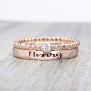 Rose Gold Name Ring Set // Personalized Stacking Name Rings // Custom Engraved Ring Set // 2mm Gemstone Ring // April Birthstone Mom Ring