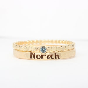 Gold Name Ring Set: Personalized Stacking Rings with Blue Zircon