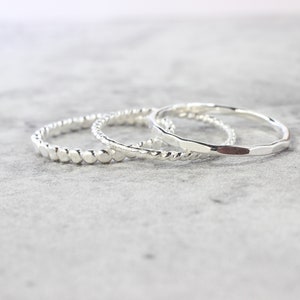 Sterling Silver Stacking Rings // Set of 3 Simple Stacking Rings // .925 Sterling Silver Rope Twist Bead Dot Hammered Ring // Spacer Rings image 1