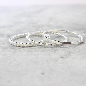 Sterling Silver Stacking Rings // Set of 3 Simple Stacking Rings // .925 Sterling Silver Rope Twist Bead Dot Hammered Ring // Spacer Rings image 1